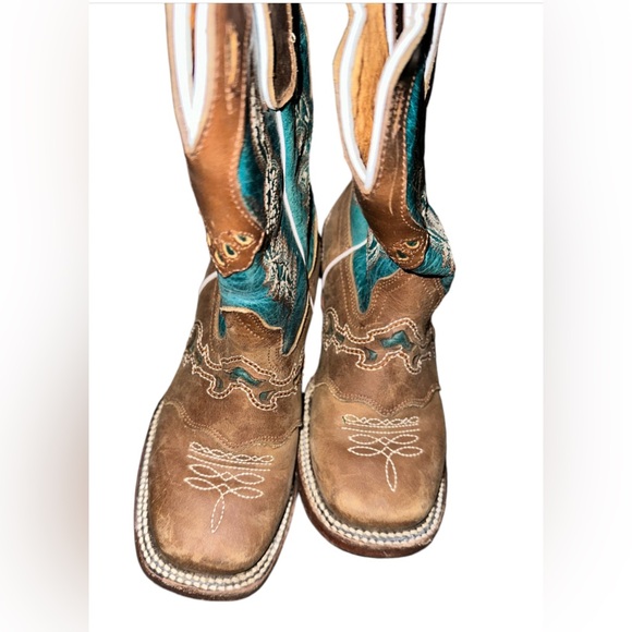RedHawk Boot Co. Kids Wide Square Toe Cowgirl Boots in Turquoise/Brown size 2 - Picture 4 of 10